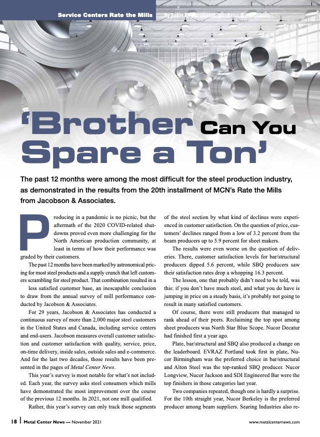20th Annual Edition - 'Brother Can You Spare a Ton' (November 2021 · Metal Center News)